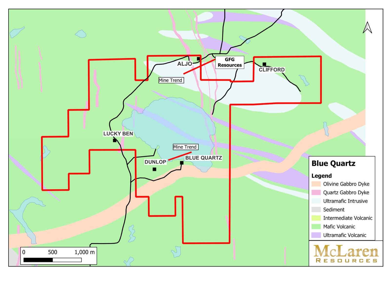 Blue Quartz property geology and historic mine map