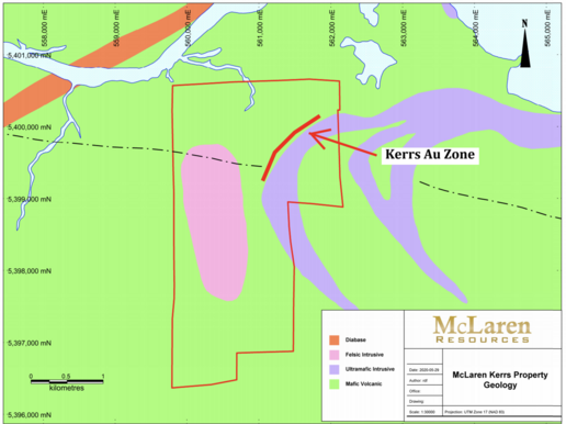 Kerrs property geology and gold zone map